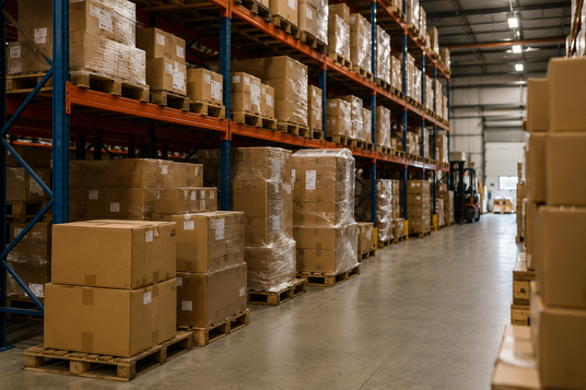 Warehouse with stacked cardboard boxes on pallets