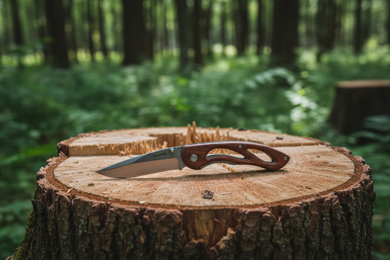 Folding knife with wooden handle on a white background