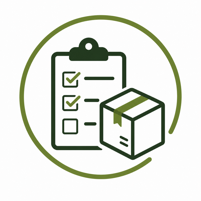 A minimalist green and black line icon showing a clipboard with checked boxes and a sealed package inside a circular outline on a white background.