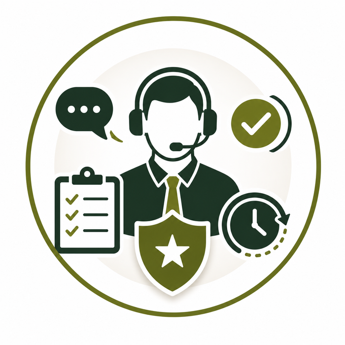 A circular vector icon depicting a customer service representative with a headset, surrounded by icons for communication, security, and time management.