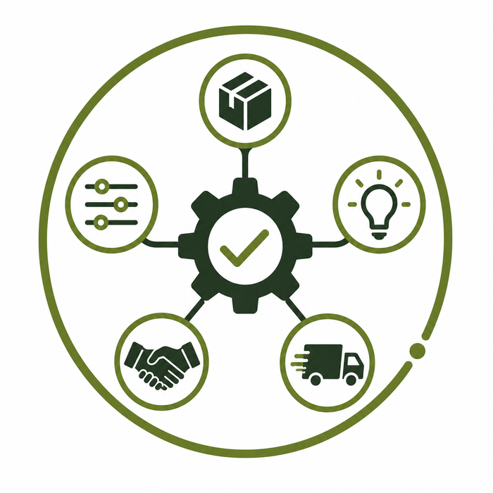 A circular green and black vector icon showing a central gear with a checkmark, surrounded by five service icons: a box, a lightbulb, a handshake, a delivery truck, and settings.