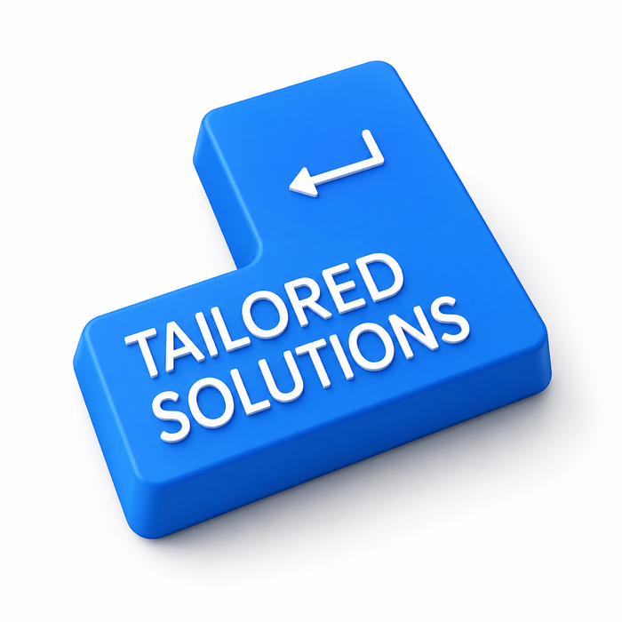 A bright blue computer keyboard key with a white arrow pointing left and the words 'TAILORED SOLUTIONS' in raised white lettering, shown on a clean white background.