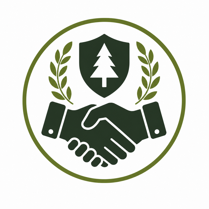 A circular green and white logo featuring a handshake, a shield with a tree icon, and laurel branches.