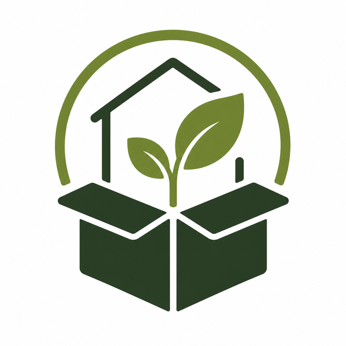 A minimalist green and dark green icon showing a house outline with a sprouting plant inside an open box, on a plain white background.