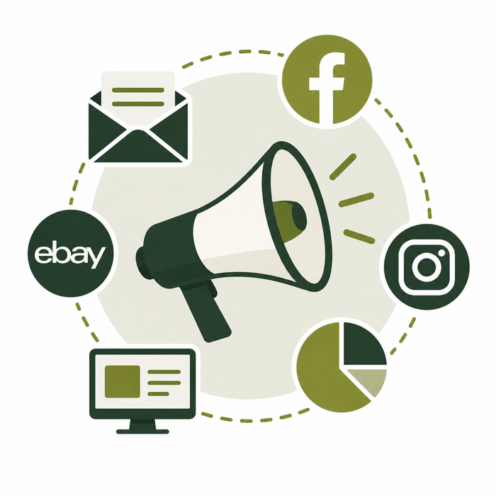 Digital illustration of social media marketing icons including a megaphone, Facebook logo, eBay logo, Instagram logo, email envelope, pie chart, and computer monitor on a light background.