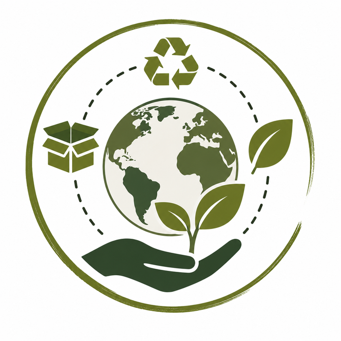 A circular green and beige eco-friendly logo featuring a globe, recycling symbol, leaves, and a hand holding a sprig, on a white background.