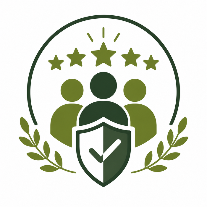A green and white digital graphic emblem featuring a central shield with a checkmark, three stylized human figures, five stars, and laurel branches, all enclosed in a circular border on a white background.