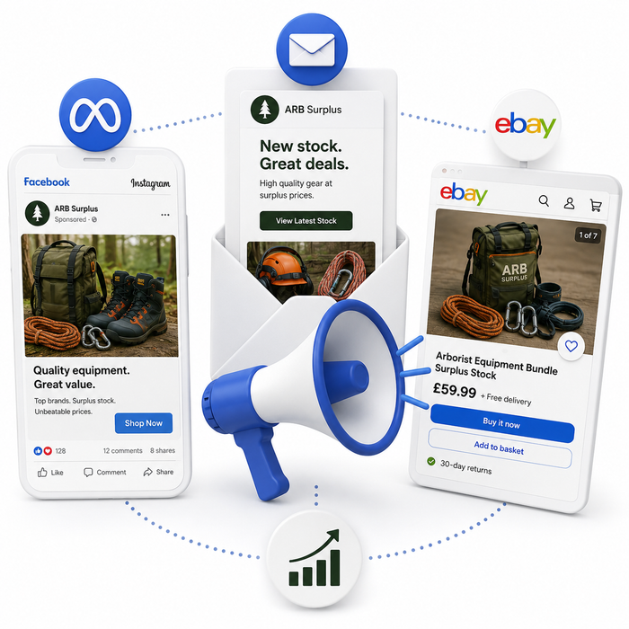 A promotional mockup showing three smartphone screens and a blue-and-white megaphone arranged around an upward-trending graph icon on a white background. The screens display ARB Surplus and eBay storefront content with stock photos of gear, including a backpack, rope, and helmet.