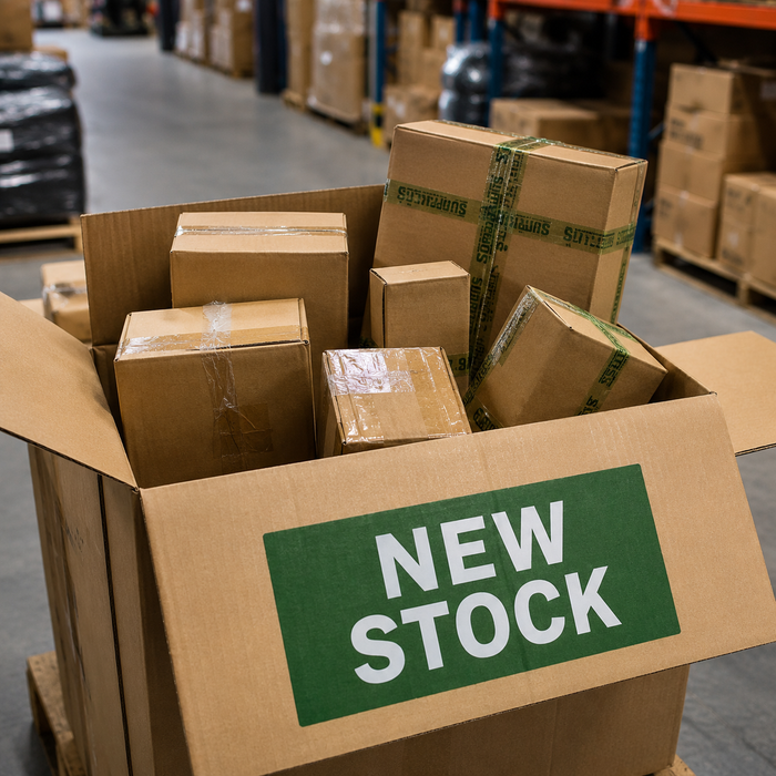 Cardboard box labeled 'NEW STOCK' in a warehouse setting with more boxes in the background.