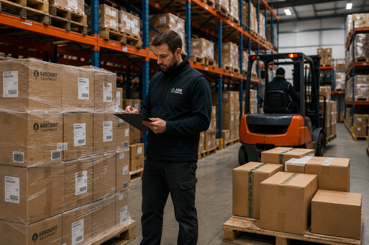 Worker in a warehouse checking inventory with a forklift in the background