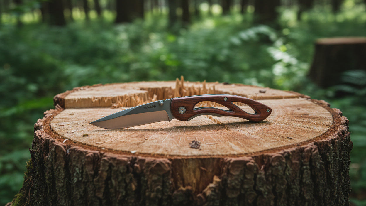 A folding pocket knife with a silver blade and brown wooden handle rests on the cut surface of a tree stump in a blurred forest setting.